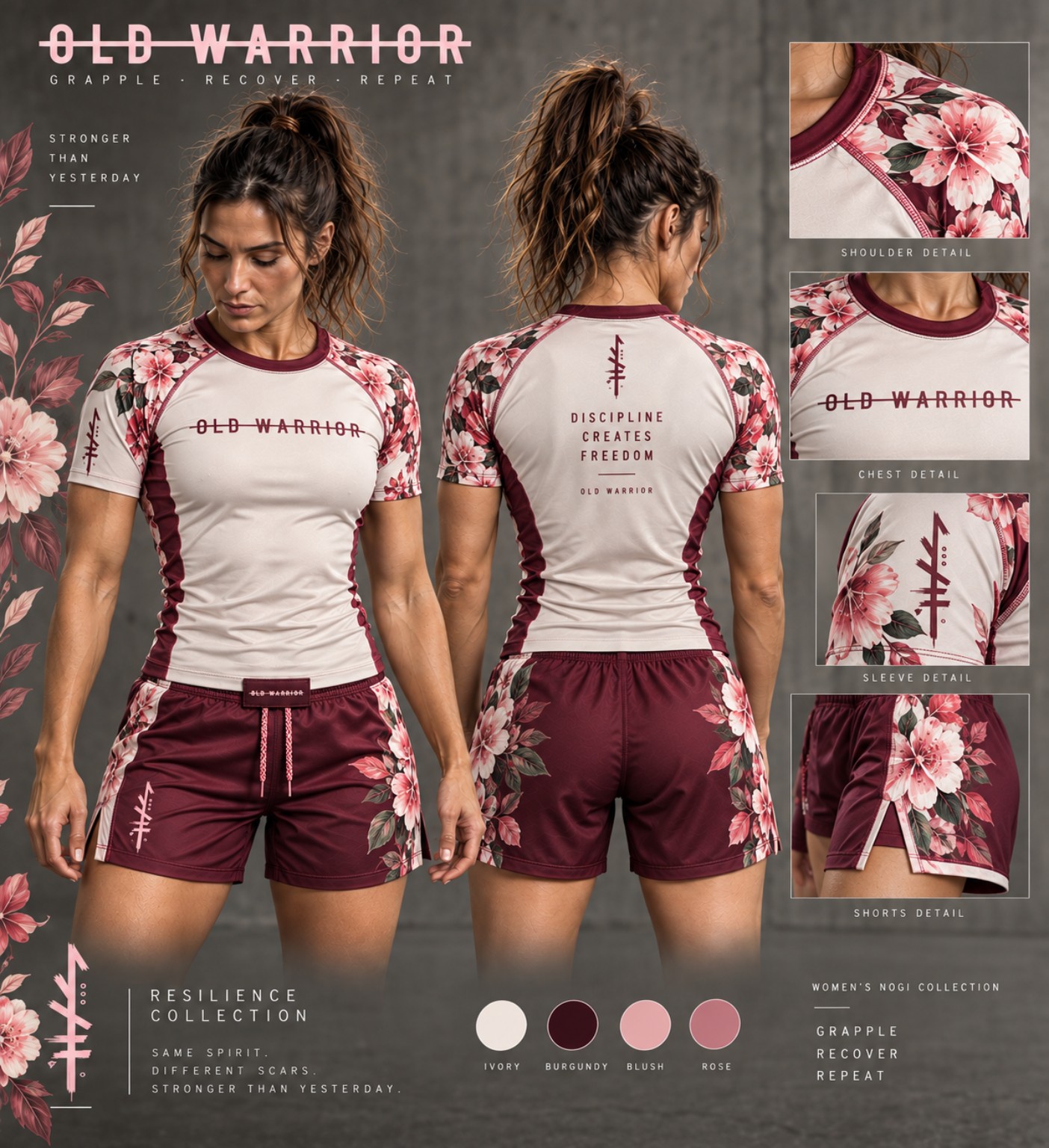 Women's ivory and burgundy floral NoGi set